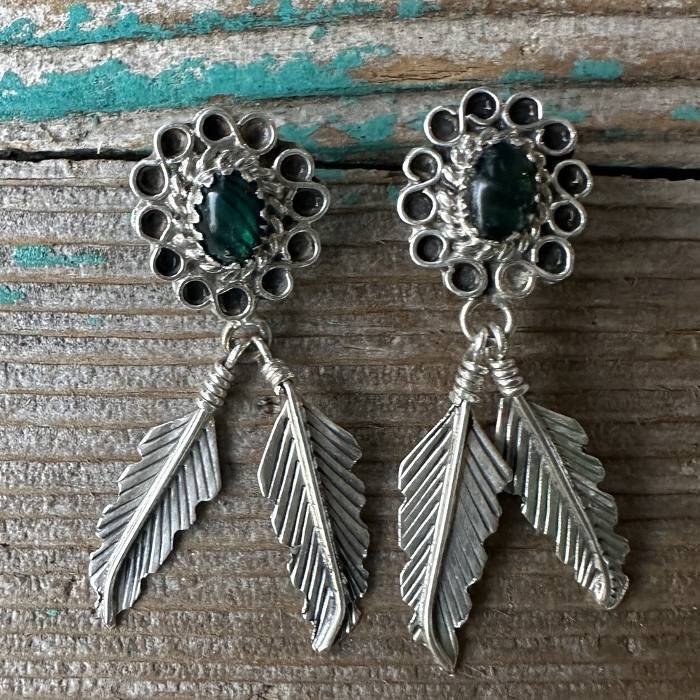 Navajo Yazzie Sampson Stud Dangle Earrings 1.5 Inch Art Glass 925 Sterling 3.8g